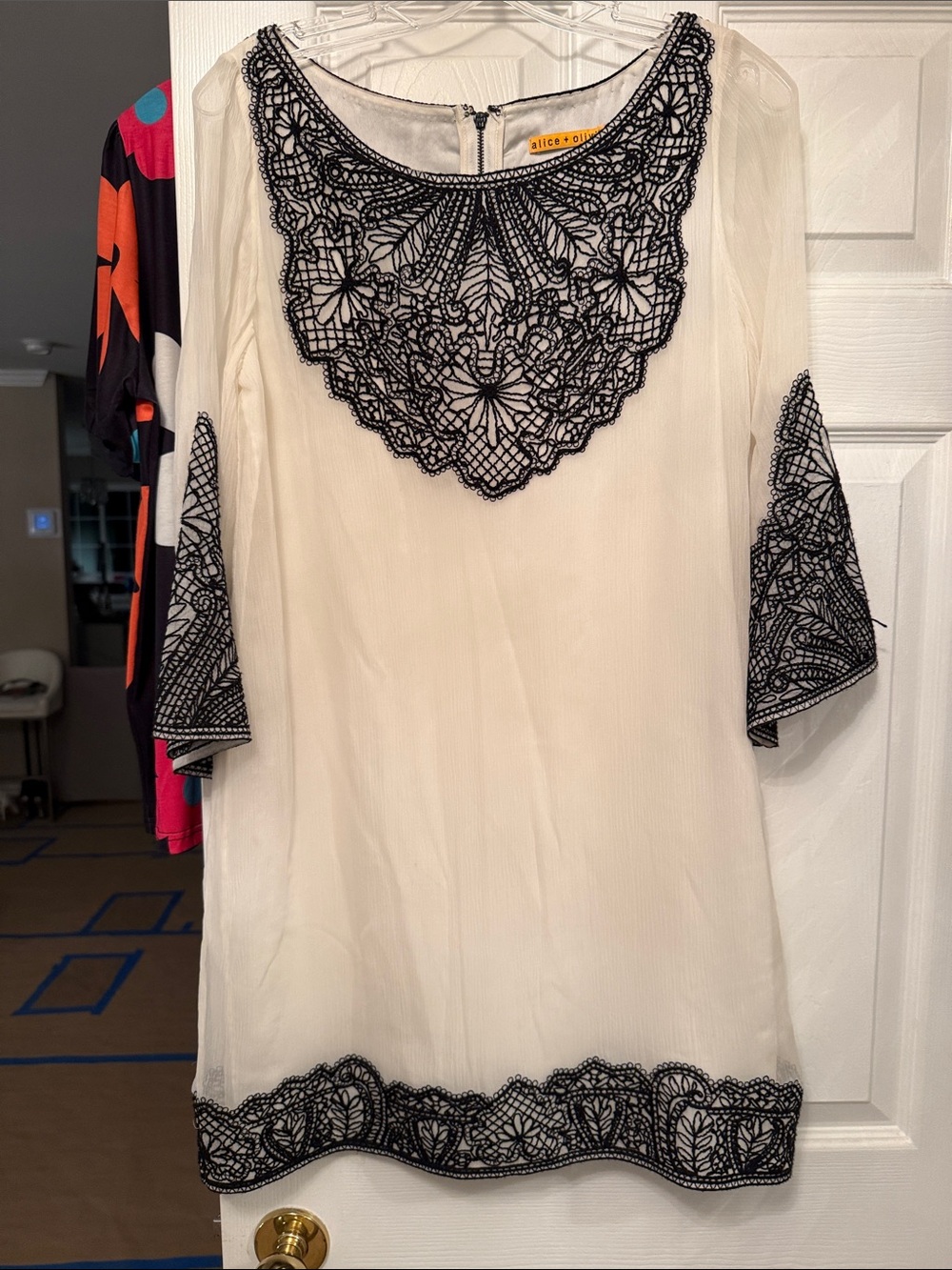 Alice + Olivia Cream Tunic with Black Lace Appliqué